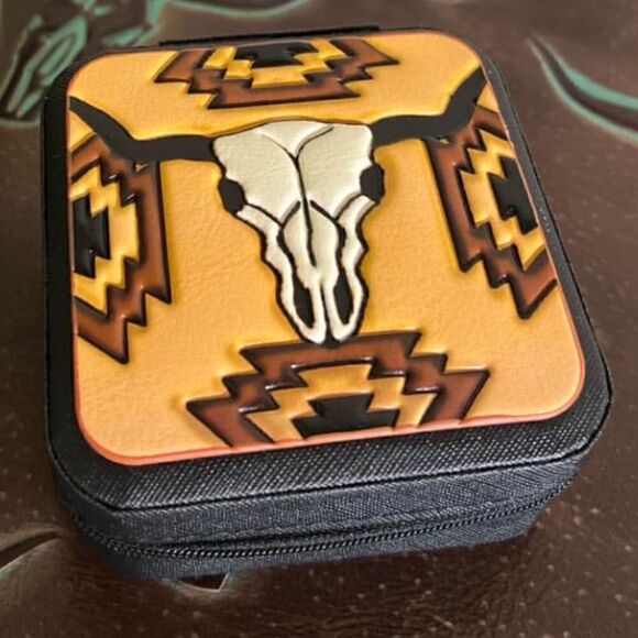 Western Skull and Aztec Print Leather Travel Jewelry Box. NWT - Picture 1 of 8